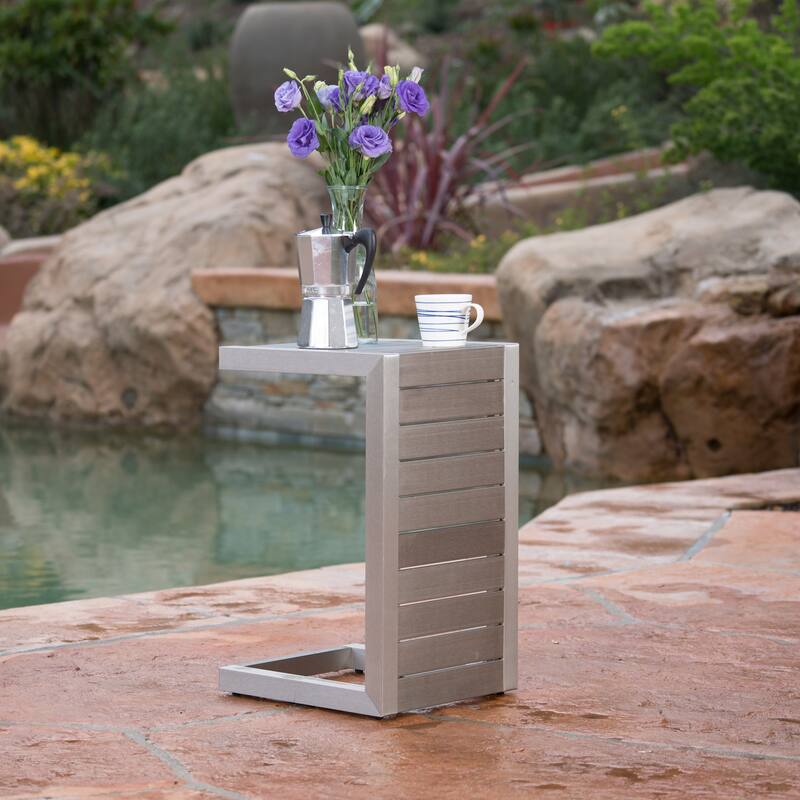 Roomfitters Modern Outdoor Side Table with Slatted Aluminium Frame, Weather-Resistant Accent Table for Patio - Silver