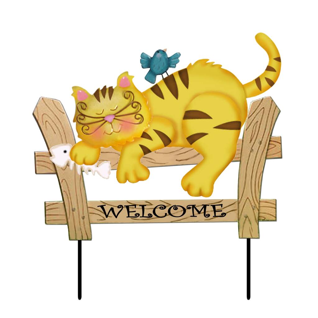 21" Welcome Cat Sleeping on Fence Stake