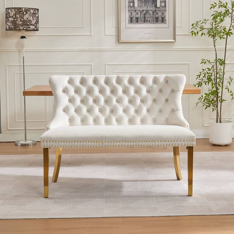 Roomfitters Upholstered Loveseat Bench with Nailhead Trim and Gold Metal Legs, Modern High Back Settee for Dining Room, Beige