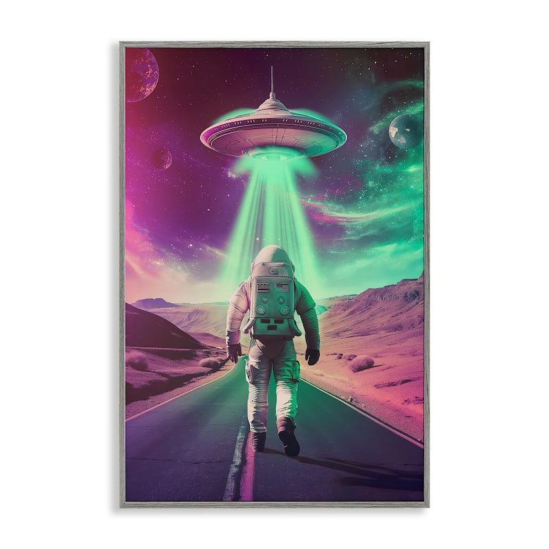 Stupell Astronaut Walking Toward UFO Framed Giclee Art Design By Wumples - 16 x 24 - Grey