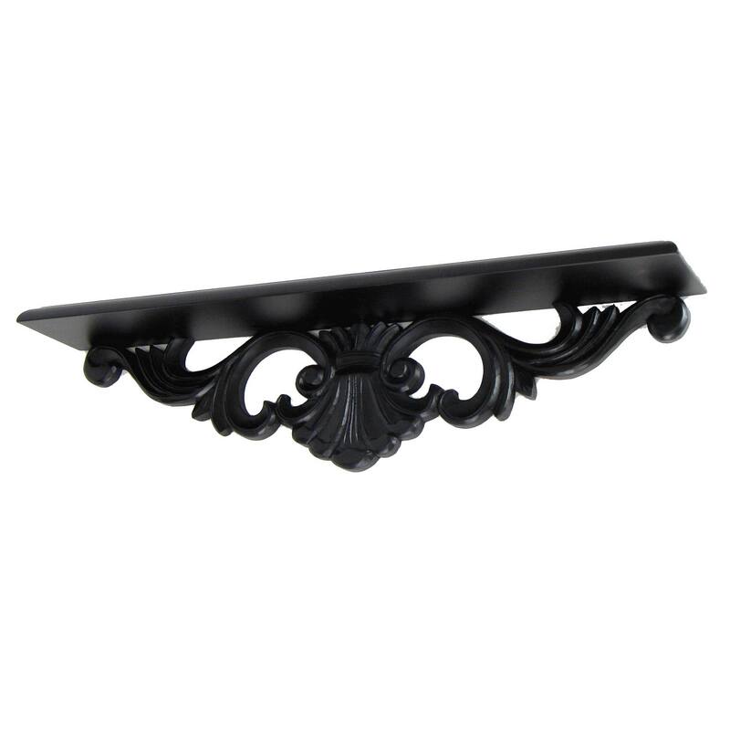 Hand Carved Wooden Wall Shelf with Floral Design Display, Black