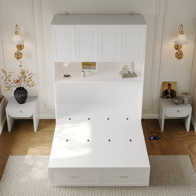 Full Size Storage Bed with Cabinet Convertible Pull Out Platform Bed with Power Outlets
