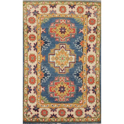Blue Geometric Kazak Oriental Accent Rug Hand-Knotted Wool Carpet - 1'11" x 3'0"