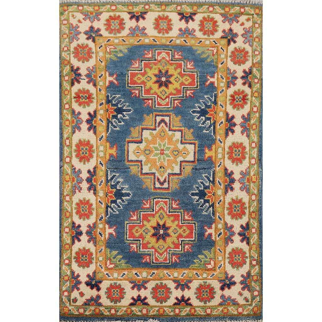 Blue Geometric Kazak Oriental Accent Rug Hand-Knotted Wool Carpet - 1'11" x 3'0"