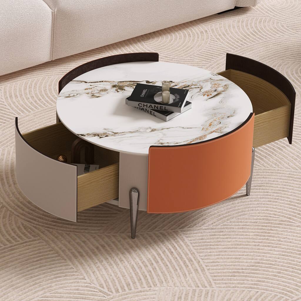 4 Legs Saddle Leather Round Coffee Table with Storage