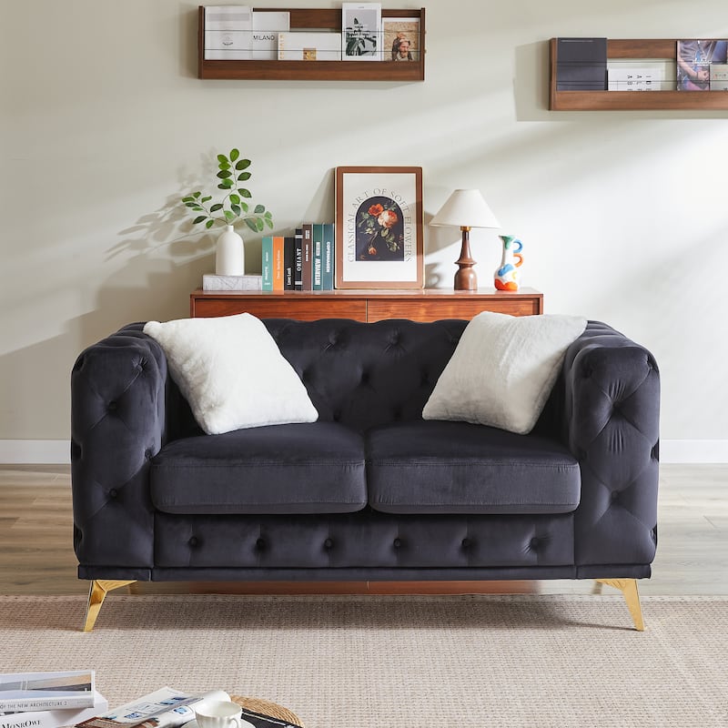 61.25-Inch Deluxe Velvet Sofa With Chesterfield Tufted Buttons With 2 Pillows And Metal Feet - Black