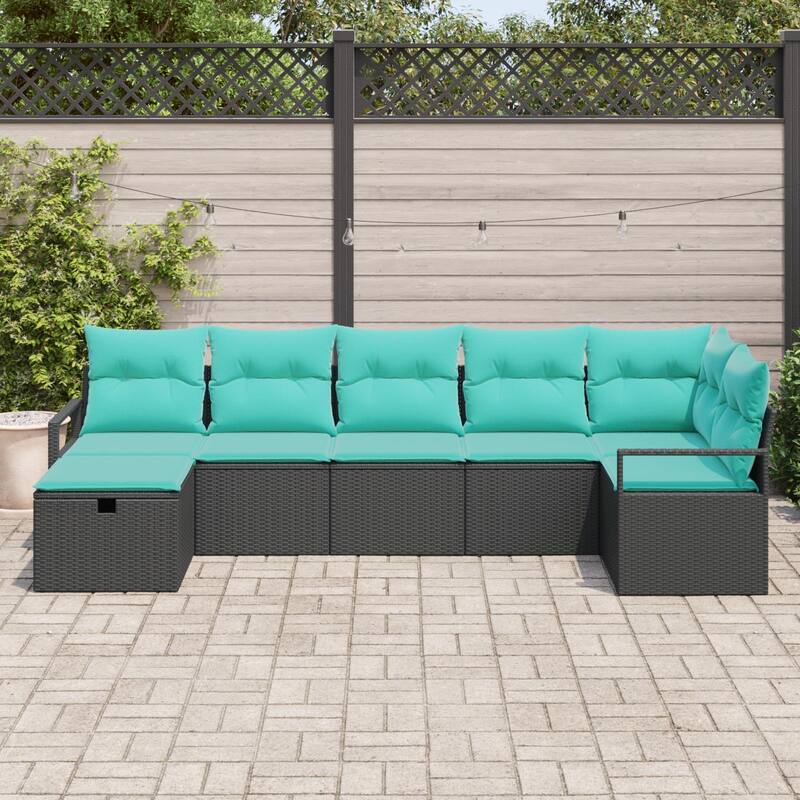 vidaXL 7/8 Garden Sofa Set with Cushions Black/Brown/Grey Poly Rattan - 113 x 48 x 27.2