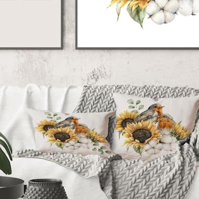 Designart 'Autumn Bouquet With Redbreasts Sunflowers Cotton' Traditional Printed Throw Pillow