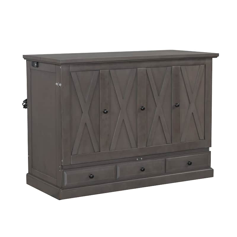 Gray Full Size Solid Pine Murphy Bed with Charging Station and Large Drawer