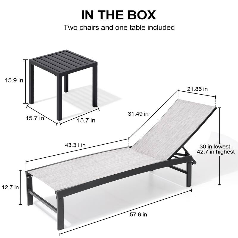Outdoor All-Weather Chaise Lounge Chairs and Side Table, Sun Lounger with Adjustable Backrest