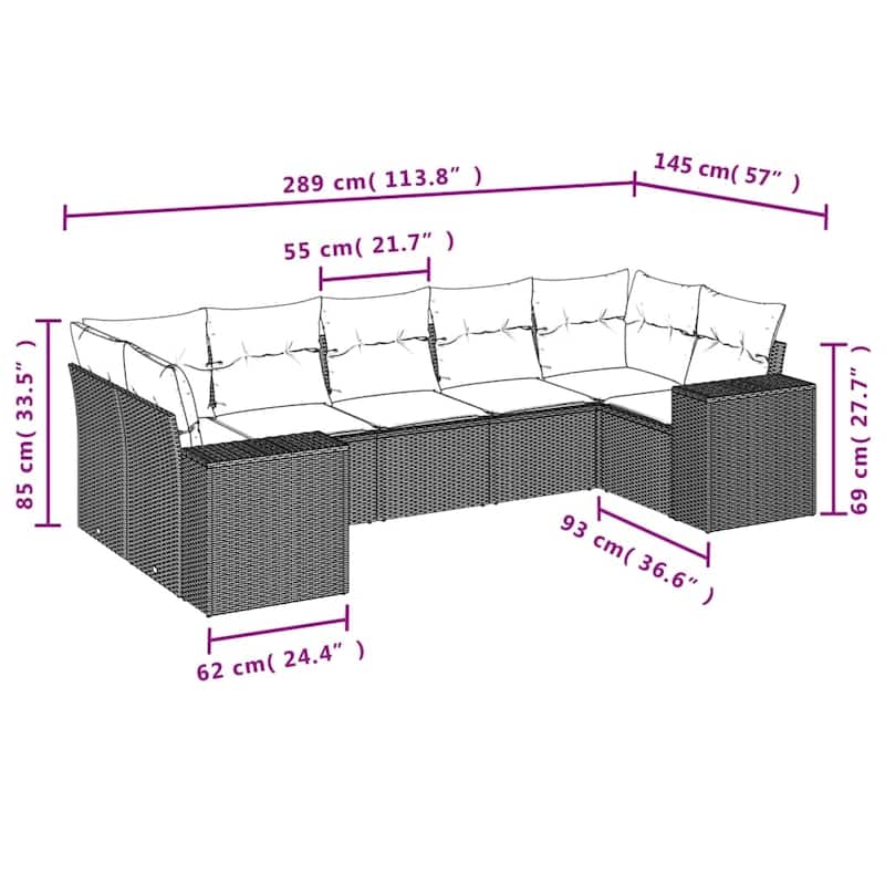vidaXL Patio Sofa Set with Cushions Outdoor Furniture 7 Piece Poly Rattan - 24.4 x 32.7 x 27.2 in
