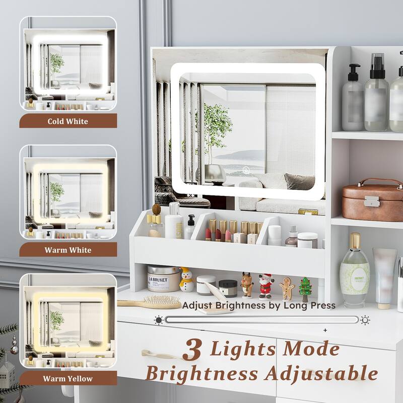 Roomfitters Makeup Vanity Desk with Charging Station, Lighted Mirror & Storage Stool, Expandable Table, White