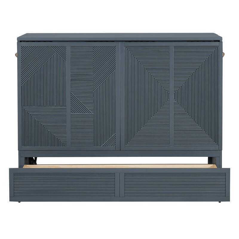 Full Size Murphy Bed with Large Drawer,USB Ports and Outlets,Gray