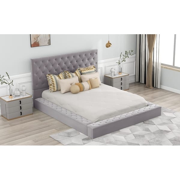 slide 2 of 18, Queen Size Platform Bed with Storage Space on both Sides and Footboard Grey