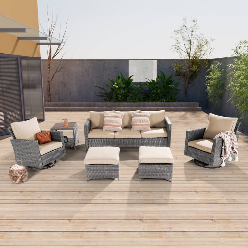 LIVOOSUN Patio 6Pcs Furniture Conversation Gray Rattan Swivel Rocking Sofa Set - Linen Flax Beige