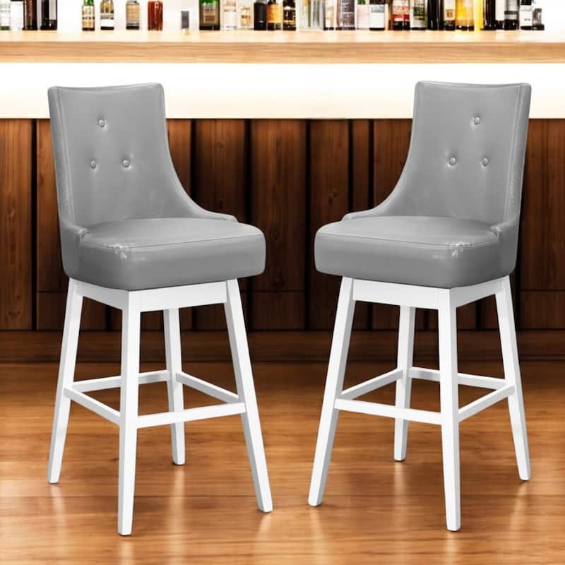 29" Seat Set of 2 Modern Swivel Bar Stools with Full Back Grey Faux Leather and White Wood Frame - 20.5"W x 21"D x 45.5"H