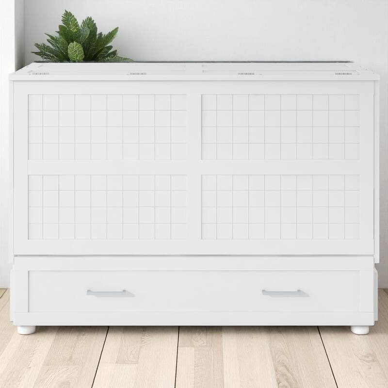 Queen Size Mobile Murphy Bed with Storage Drawer and Side Shelves, Foldable White Platform Bed