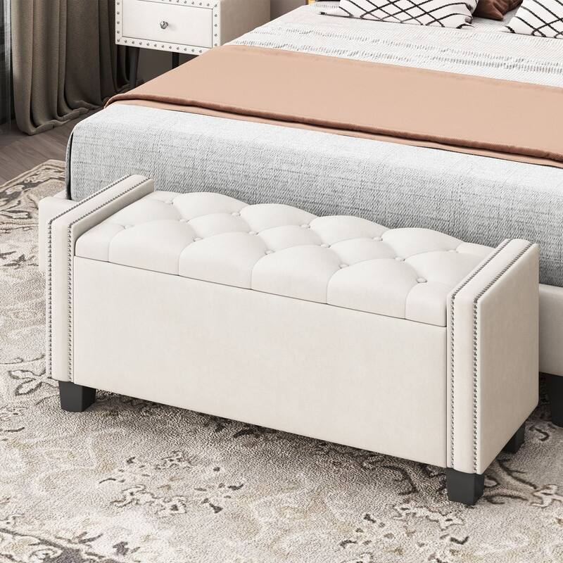 Modern Velvet Upholstered Storage Bench for Bedroom,Ottoman End of Bed Bench with Rivet Design