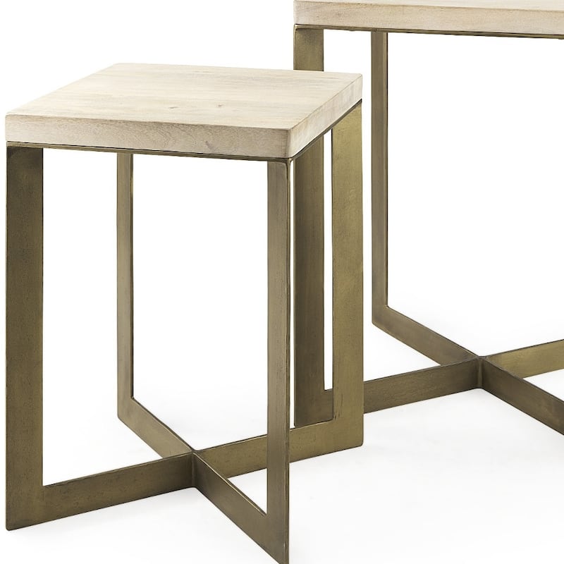 HomeRoots Set of Two Natural and Gold Solid Wood and Metal Square Cross Legs Nested Tables - 19' X '26' X '19