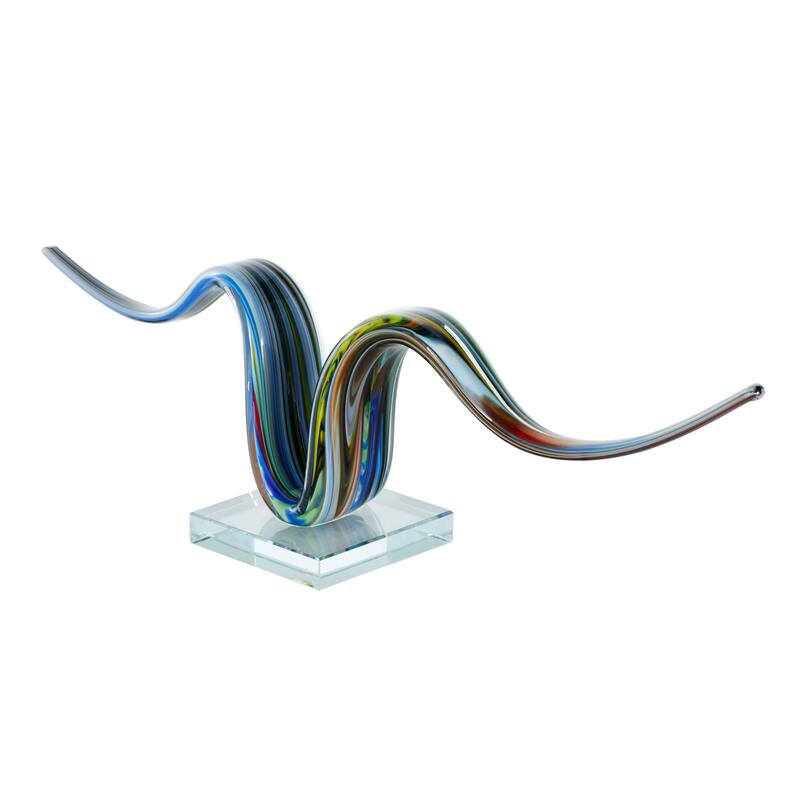 Multi Colored Glass Wave Abstract Decorative Sculpture with Clear Base - 4"W x 20"L x 6"H