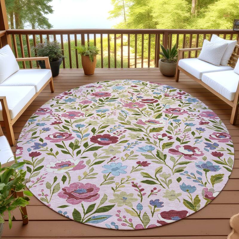 Machine Washable Indoor/ Outdoor Floral Garden Chantille Rug - Pink - 8' x 8'
