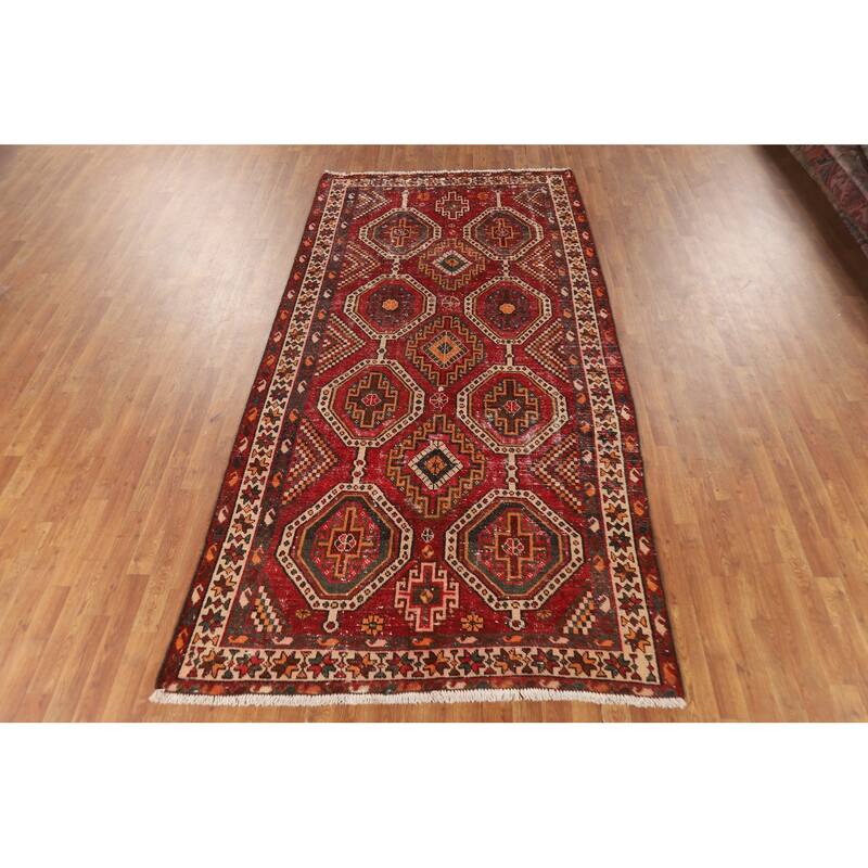 Red Geometric Distressed Bakhtiari Persian Vintage Wool Carpet - 5'0"x 10'1"