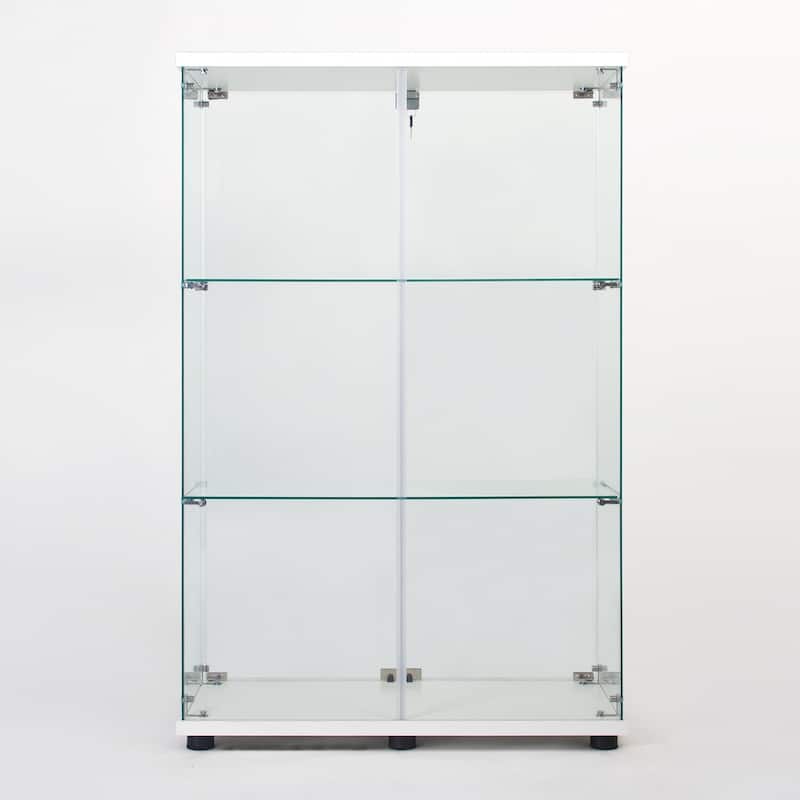 Two Door Tempered Glass Display Cabinet with 3 Shelves - White