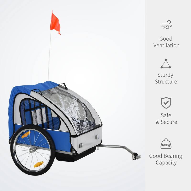 Aosom 2-Seat Kids Child Bicycle Trailer with a Strong Steel Frame, 5-Point Safety Harnesses, & Comfortable Seat