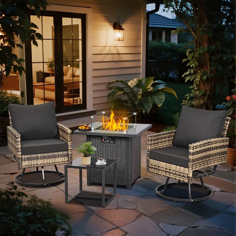 4 PCS Swivel Patio Conversation Set With Square Fire Table