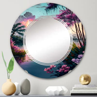 Designart 'Beautiful Sunset Over A Tropical Lake V' Printed Landscape Cottage Lake Mountains Wall Mirror