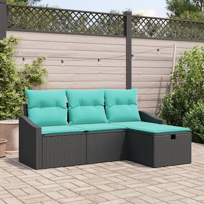 vidaXL 4 Piece Garden Sofa Set with Cushions Black Poly Rattan - 70.1×46.1×27.2