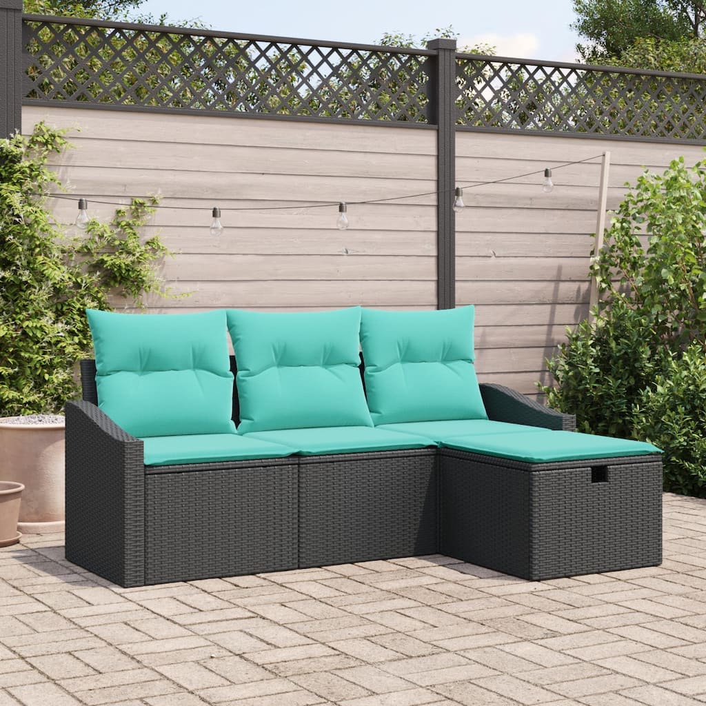 vidaXL 4 Piece Garden Sofa Set with Cushions Black Poly Rattan - 70.1×46.1×27.2