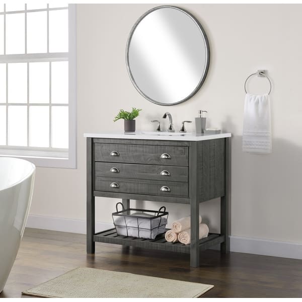 slide 2 of 13, Monterey 37-inch Farmhouse Marble Solid Wood Bathroom Vanity Grey