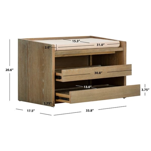 dimension image slide 2 of 2, SAFAVIEH Percy Shoe Storage Bench -Rustic Oak / Beige - 34" W x 18" D x 21" H