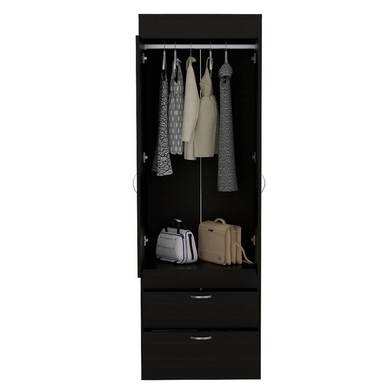 Versatile Wardrobe Armoire Closet Storage Cabinet with Double Doors, Two Drawers, and Hanging Rod - Elegant and Space-Saving