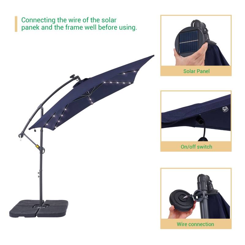 LIVOOSUN Solar Powered 8.2ft LED Patio Offset Umbrella With Base