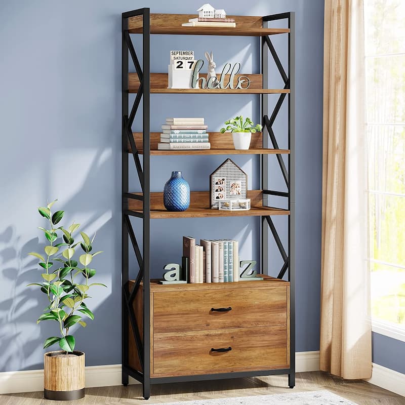 5 Shelf Bookcase 70.86 Inch Industrial Bookshelf with 2 Drawers, - Black/Brown