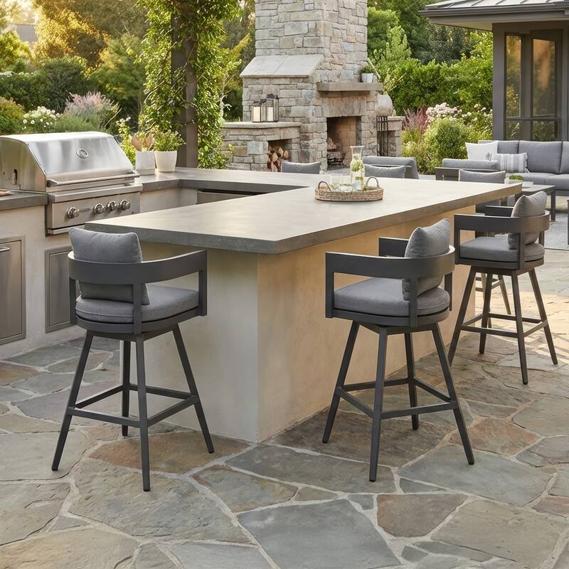 Enya 26 Inch Outdoor Swivel Counter Stool Chair, Gray Aluminum, Cushions