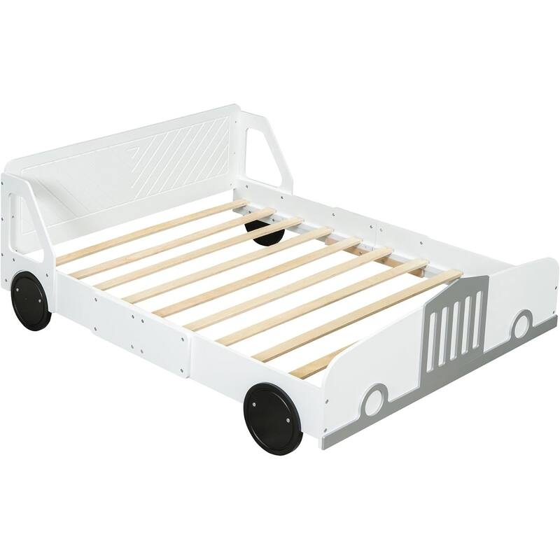 Twin/Full Car Bed for Kids, Car Shaped Platform Bed with Wheels, Headboard and Footboard, Toddler Car Bed Slat Support