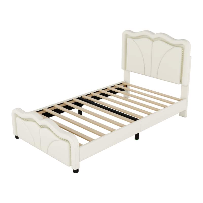 Twin Size Upholstered Platform Bed with Adjustable Headboard and LED Lights, White