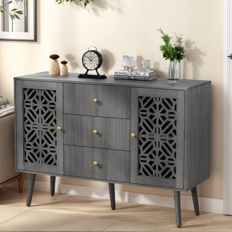 Accent Cabinet,Sideboard,Hollow Carved Storage with Drawers and Doors - Grey