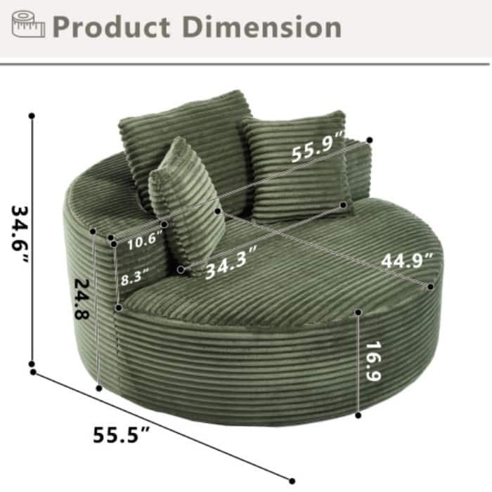Round Memory Foam Sofa Bed, Cloud Sectional Couch with 3 Pillows for Living Room
