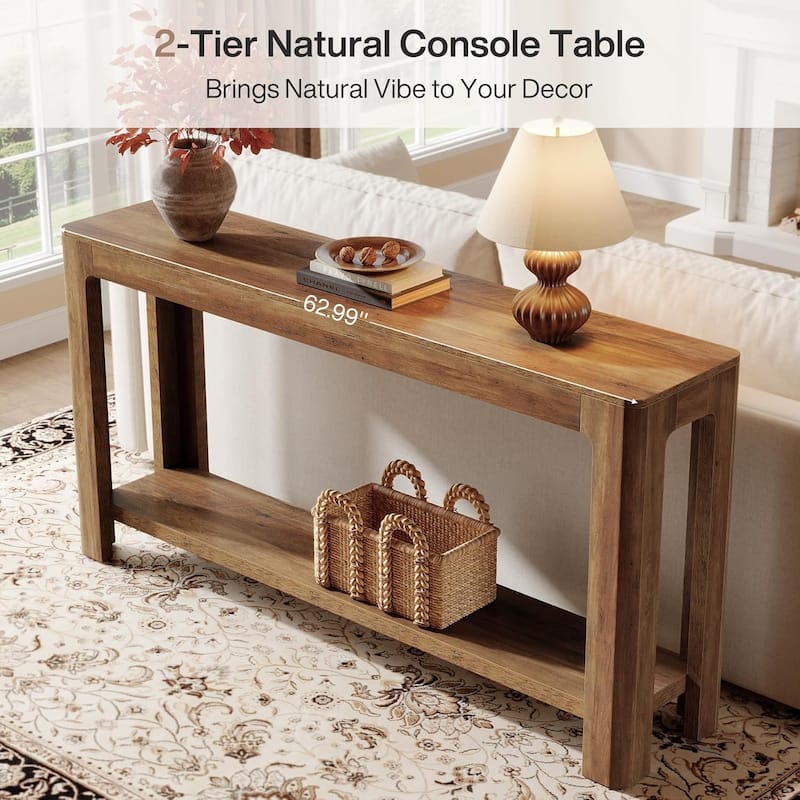 63 Inches Brown Engineered Wood Console Table, 2-Tier Behind Couch Sofa Table for Living Room