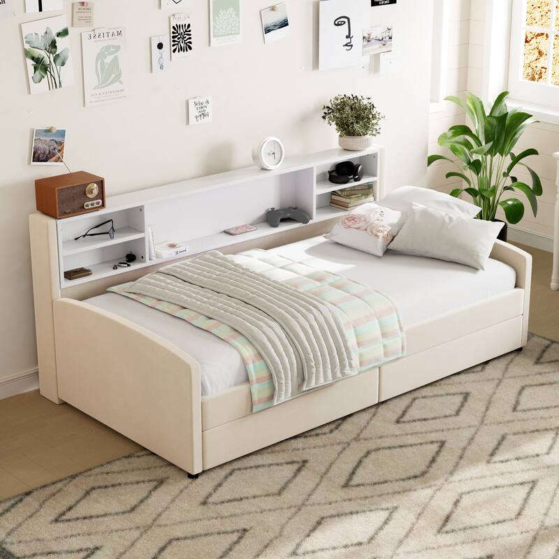 Twin Size Upholstered Daybed, Velvet Fabric Platform Sofa Bed Frame with Integrated Storage Shelves and 2 Drawers