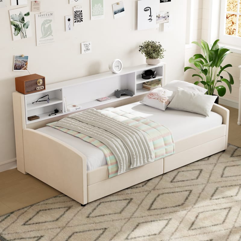 Twin Velvet Upholstered Bed Frame with Storage Drawers and Built-In Shelf, Platform Design with Plush Headboard