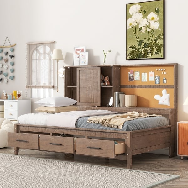 slide 2 of 26, Twin Size Lounge Daybed with 3-Drawers,Kids Cork Board Bed Frame with USB Ports and 2 Built-in Storage Shelves, Antique Wood Antique Wood