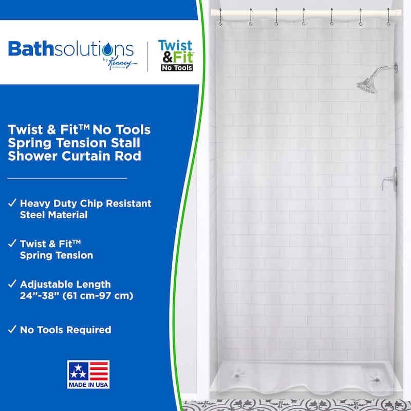 Kenney Twist & Fit No Tools Spring Tension Stall Shower Curtain Rod, 24-38"