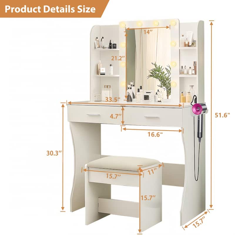 Vanity Desk with Mirror and Lights,with Drawer & Storage Cabinet,3 Lighting Modes Adjustable Brightness,with Open Shelves