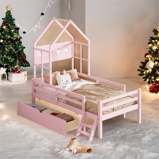 Wood Twin Size House Platform Bed with Guardrail and Under-Bed Drawer