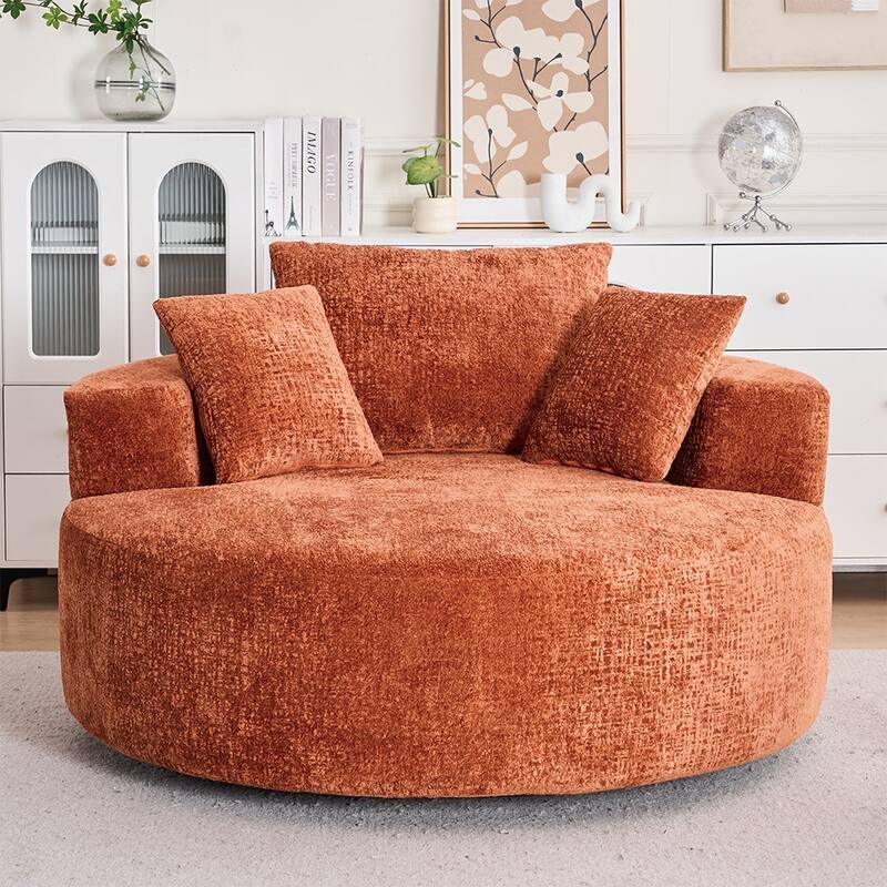 Round Accent Chair with High-Resilience Cushions, Swivel Chenille Barrel Chair, Fluffy Sleeper Lounge Chair